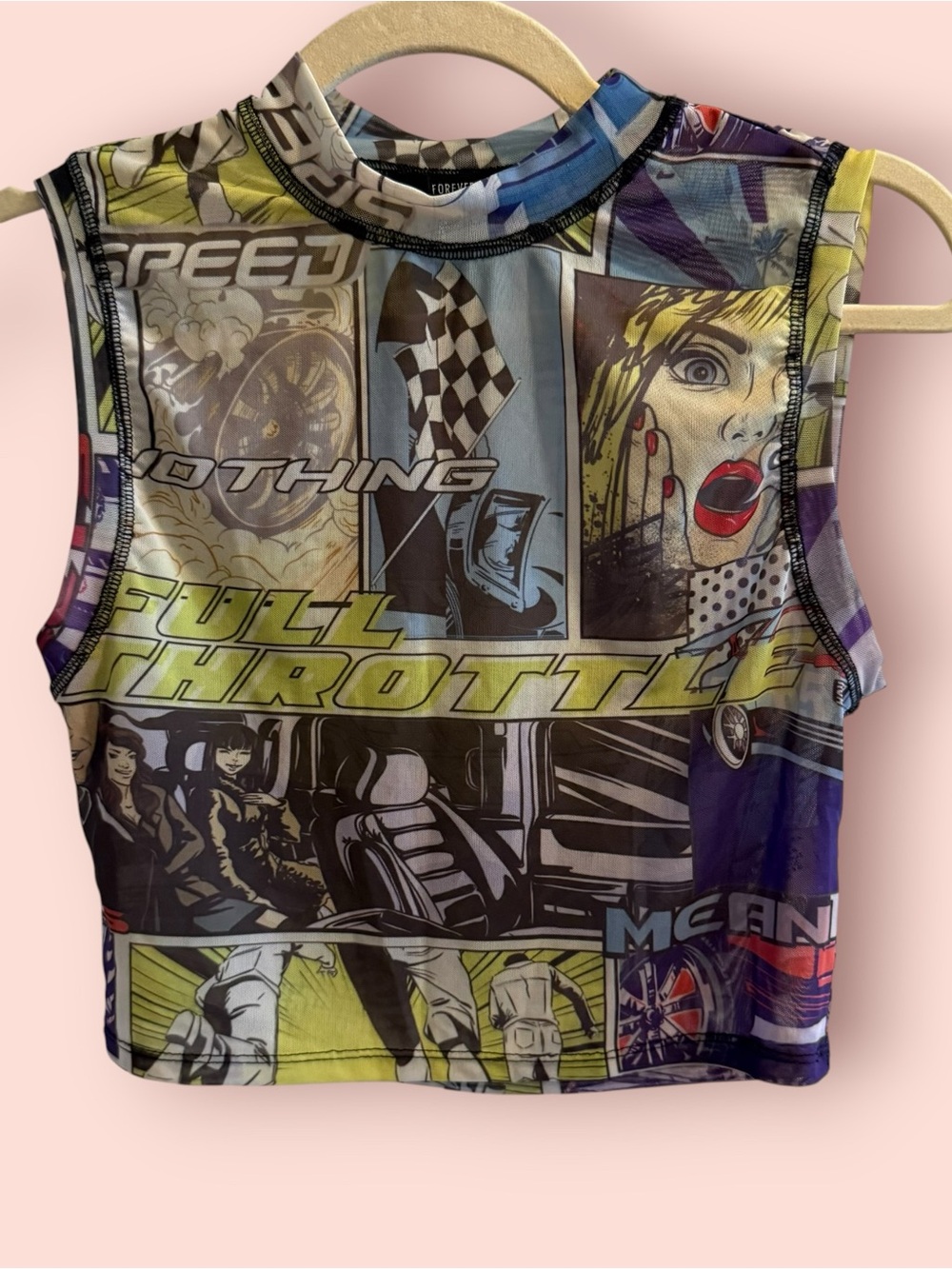 Forever 21 Y2K Comic Mesh Crop Top Full Throttle Racing Graphic